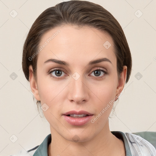 Neutral white young-adult female with medium  brown hair and brown eyes