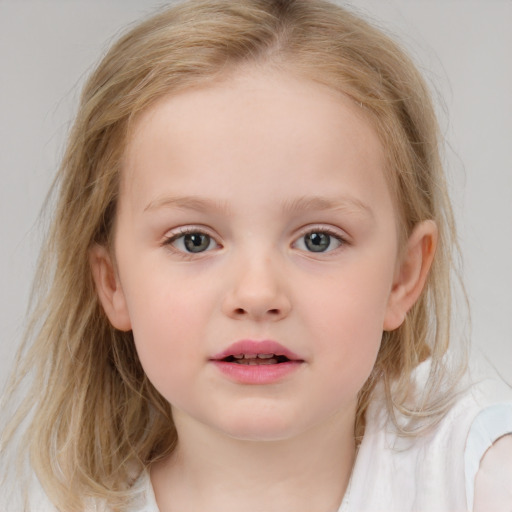 Neutral white child female with medium  brown hair and blue eyes