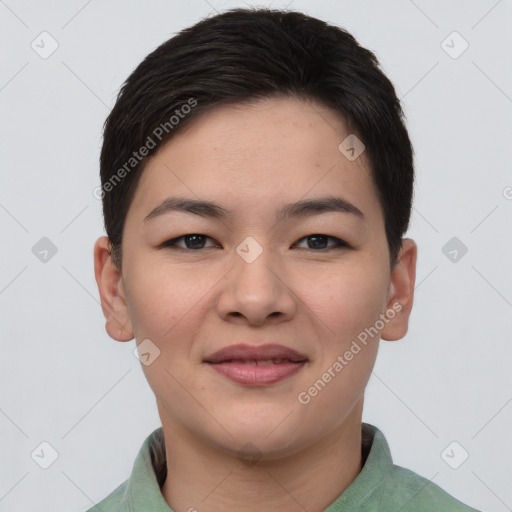 Joyful asian young-adult female with short  brown hair and brown eyes