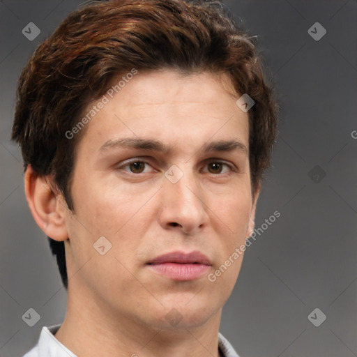 Neutral white adult male with short  brown hair and brown eyes