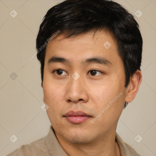 Neutral asian young-adult male with short  black hair and brown eyes