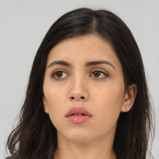 Neutral asian young-adult female with long  brown hair and brown eyes