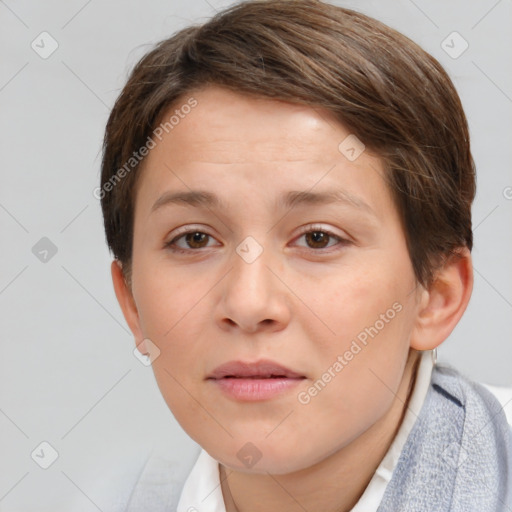 Neutral white young-adult female with short  brown hair and brown eyes