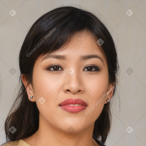 Joyful asian young-adult female with medium  brown hair and brown eyes