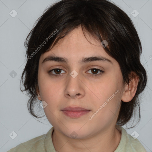 Neutral white young-adult female with medium  brown hair and brown eyes