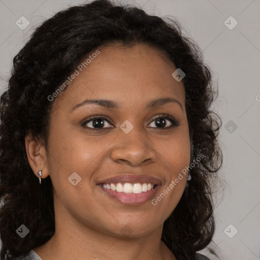 Joyful black young-adult female with medium  brown hair and brown eyes