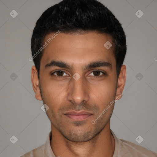 Neutral latino young-adult male with short  black hair and brown eyes