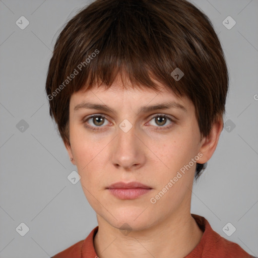 Neutral white young-adult female with medium  brown hair and brown eyes