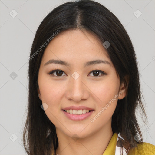 Joyful asian young-adult female with medium  brown hair and brown eyes