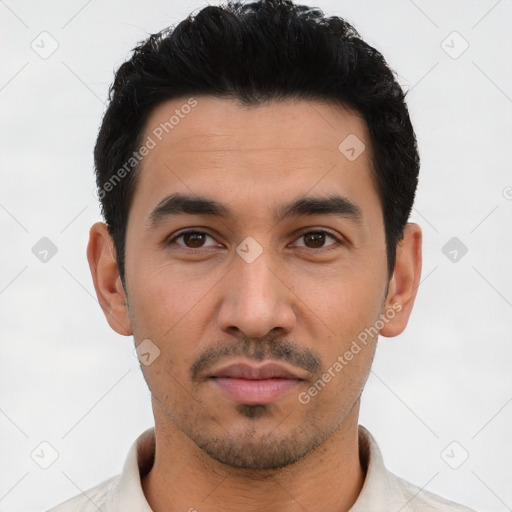 Neutral latino young-adult male with short  black hair and brown eyes