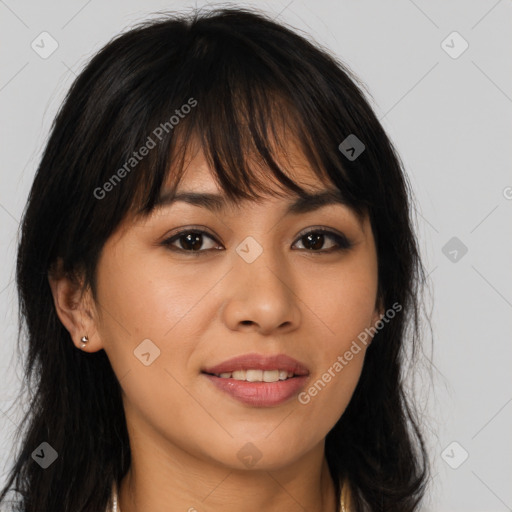 Joyful white young-adult female with long  brown hair and brown eyes