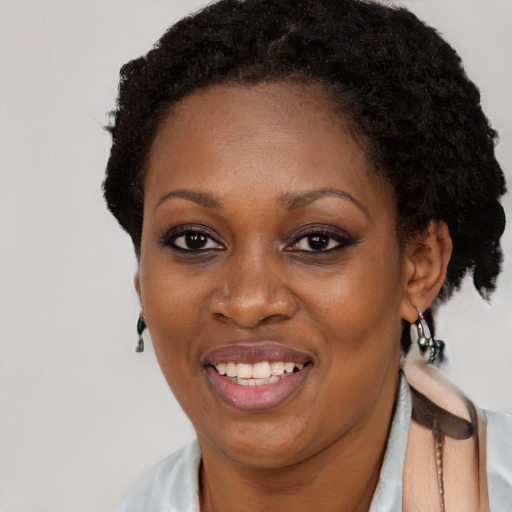 Joyful black adult female with short  brown hair and brown eyes