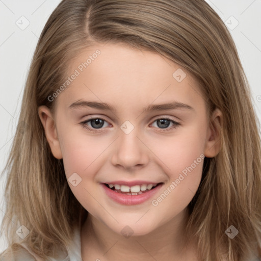 Joyful white child female with medium  brown hair and brown eyes