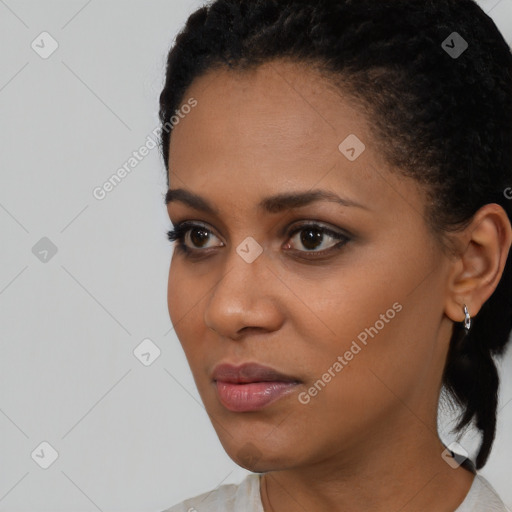 Neutral black young-adult female with short  brown hair and brown eyes