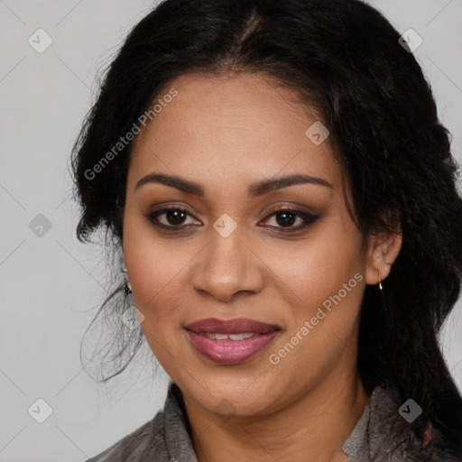 Joyful latino young-adult female with medium  black hair and brown eyes