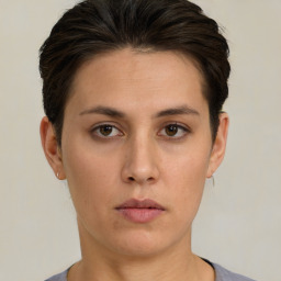 Neutral white young-adult female with short  brown hair and brown eyes