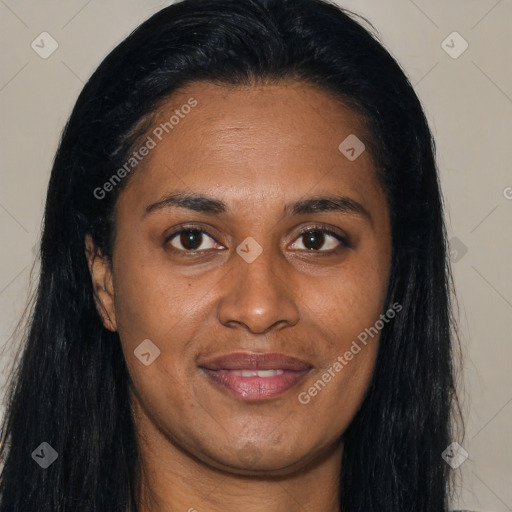 Joyful asian young-adult female with long  brown hair and brown eyes