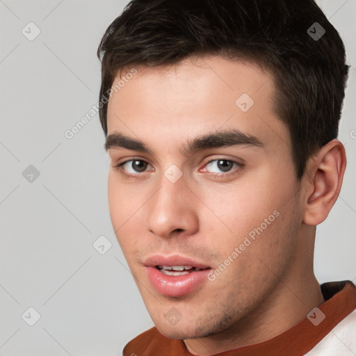 Neutral white young-adult male with short  brown hair and brown eyes