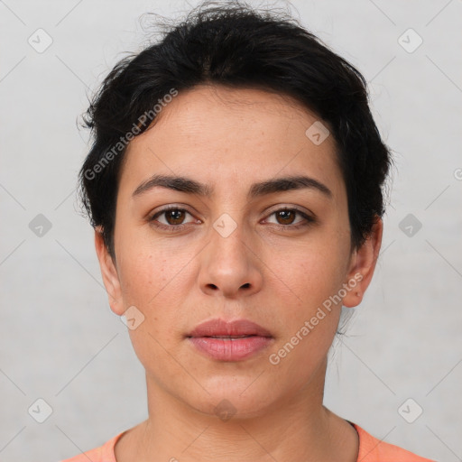 Neutral white young-adult female with short  brown hair and brown eyes