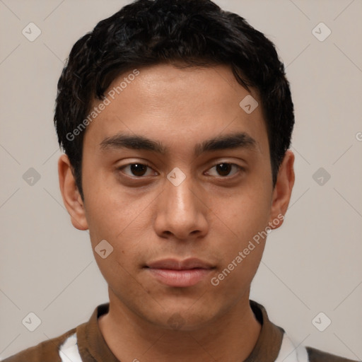 Neutral latino young-adult male with short  black hair and brown eyes