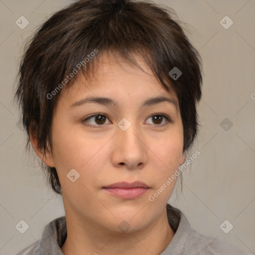 Neutral asian young-adult female with medium  brown hair and brown eyes