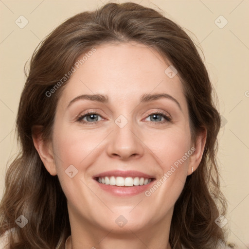 Joyful white young-adult female with long  brown hair and grey eyes