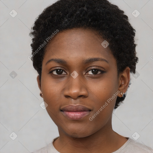 Neutral black young-adult female with short  black hair and brown eyes