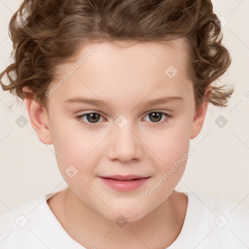 Joyful white child female with short  brown hair and brown eyes