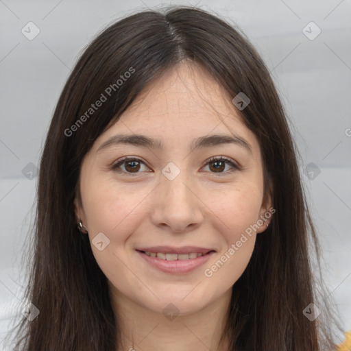 Joyful white young-adult female with long  brown hair and brown eyes