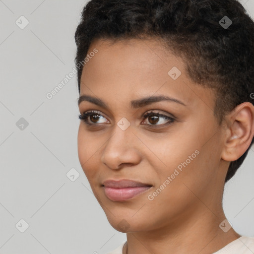 Joyful latino young-adult female with short  brown hair and brown eyes