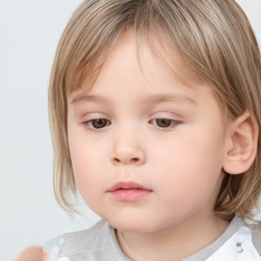 Neutral white child female with medium  brown hair and grey eyes