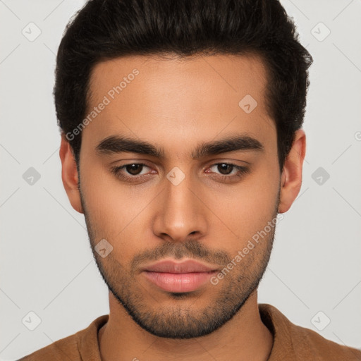 Neutral white young-adult male with short  brown hair and brown eyes