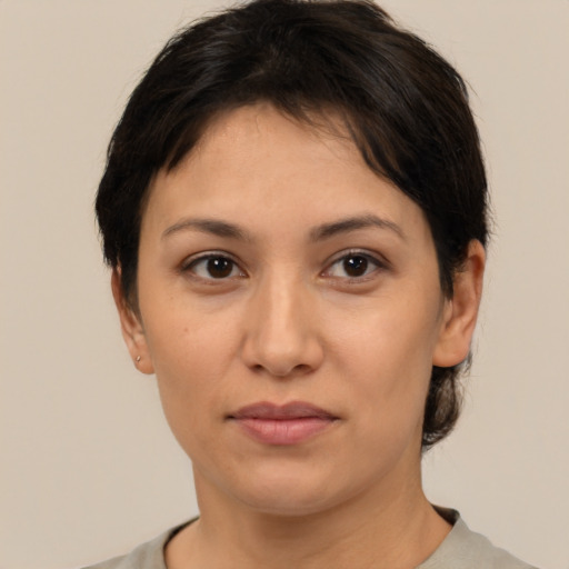 Neutral white adult female with short  brown hair and brown eyes