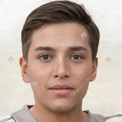 Neutral white young-adult male with short  brown hair and brown eyes