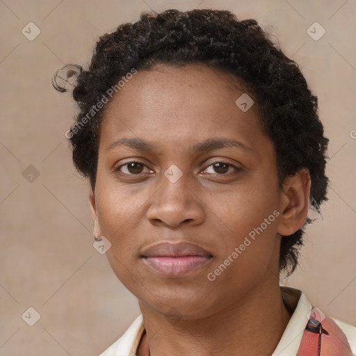 Neutral black adult female with short  brown hair and brown eyes