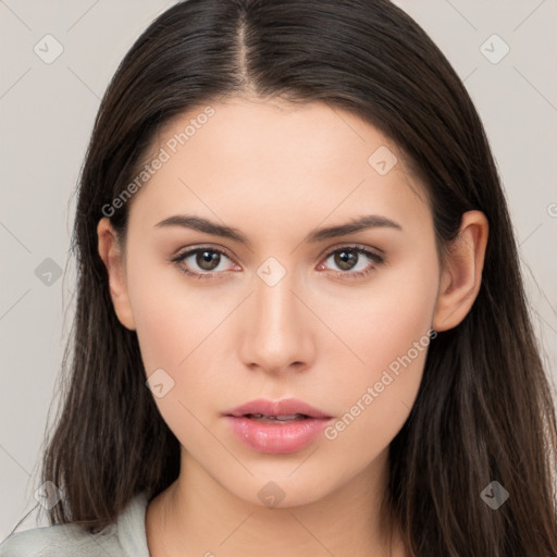 Neutral white young-adult female with long  brown hair and brown eyes