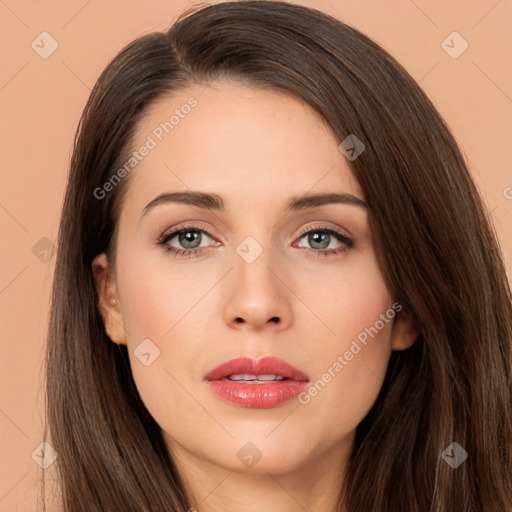 Neutral white young-adult female with long  brown hair and brown eyes