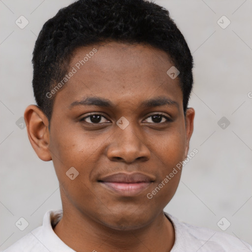 Joyful black young-adult male with short  brown hair and brown eyes