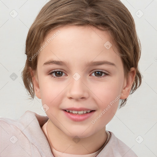 Joyful white child female with medium  brown hair and brown eyes