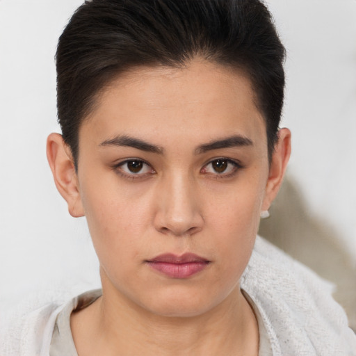Neutral white young-adult female with short  brown hair and brown eyes