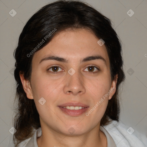 Joyful white young-adult female with medium  brown hair and brown eyes