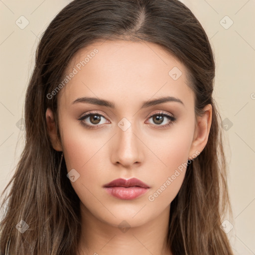 Neutral white young-adult female with long  brown hair and brown eyes