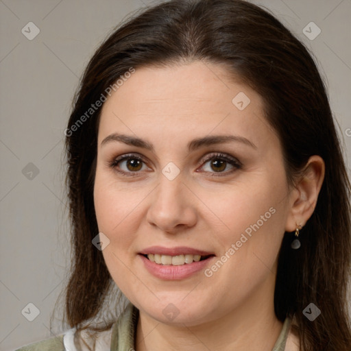 Joyful white young-adult female with medium  brown hair and brown eyes