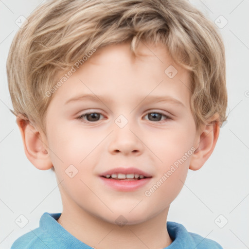 Joyful white child male with short  brown hair and grey eyes