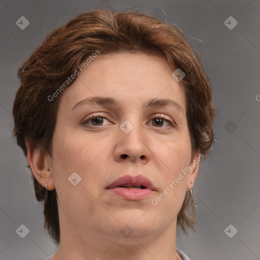 Joyful white adult female with medium  brown hair and brown eyes