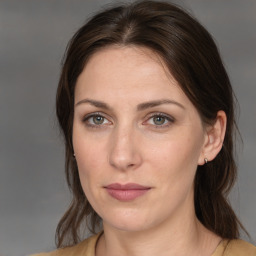 Joyful white adult female with medium  brown hair and brown eyes