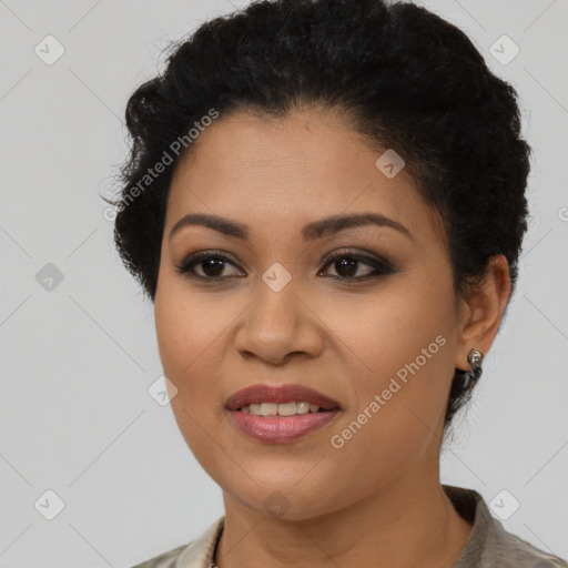 Joyful latino young-adult female with short  brown hair and brown eyes