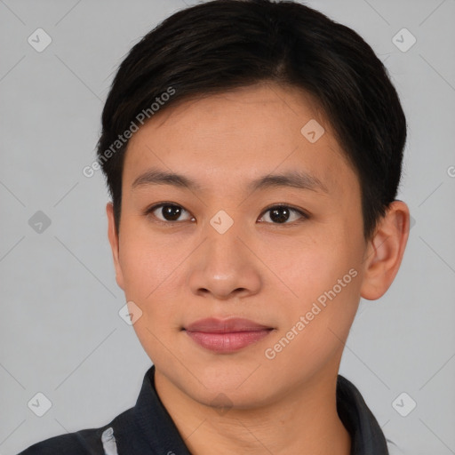 Joyful asian young-adult female with short  brown hair and brown eyes