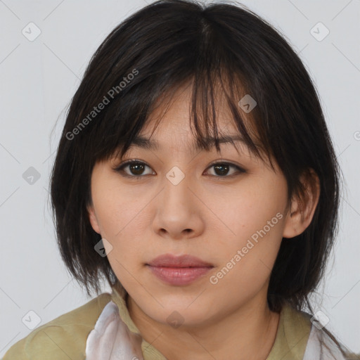 Neutral asian young-adult female with medium  brown hair and brown eyes