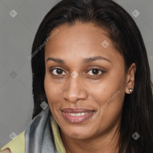 Joyful latino young-adult female with long  brown hair and brown eyes